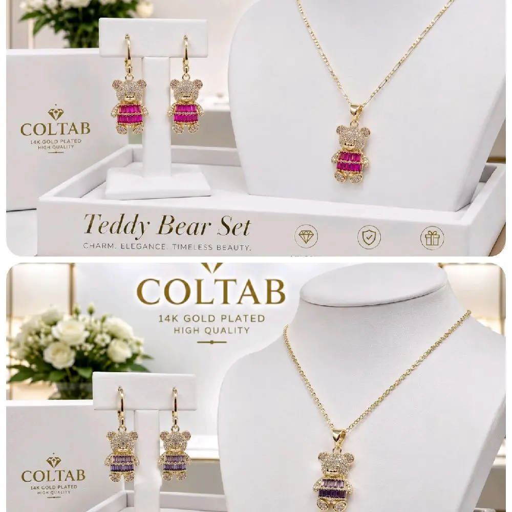 (ser M )   beautifull  teddy bear set incluide, earrings and pendant . pink set 20 inch purple set 18 inch