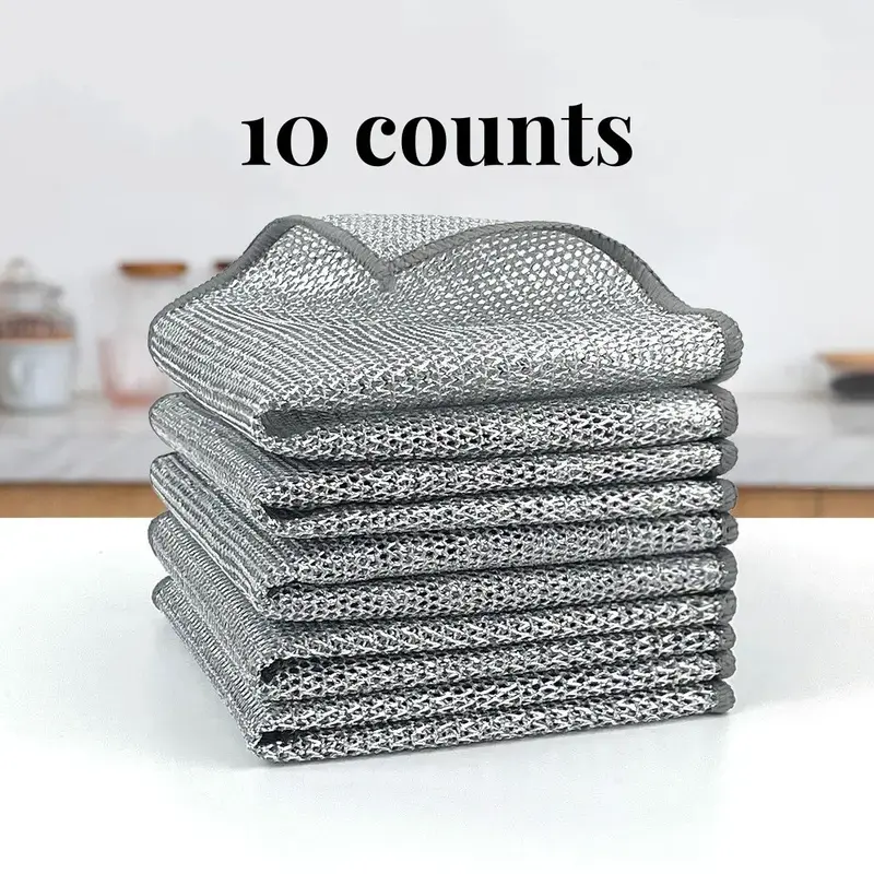 10 Counts Dishwashing Rags, Double Side Multipurpose Non-Scratch Wire Dishcloths for Wet and Dry Use, Reusable Wire Cleaning Cloths for Kitchen, Sinks, and Pans Silver Removable, Washable & More
