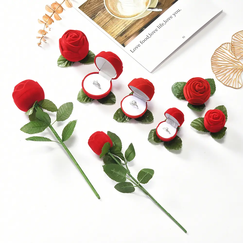 Romantic Velvet Rose Ring Box, Plastic Jewelry Case for Earrings, Proposal, Valentine's Day Gift, Optional Long Stem, Single, 83G, Branches, One Piece, Dry Use