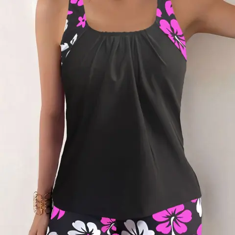 【Black Friday】Women's Floral Print Swimsuit Set, Ideal for Swimming & Beach Wear, Comfortable Fit Swimwear, Tankini Top & Bottoms