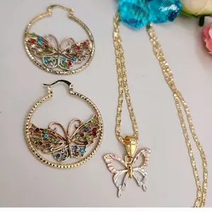BUTTERFLIES beautiful set chain color pendant with hoops earrings multicolor stns gold-plated