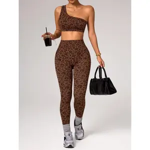 Women’s two-piece set: leopard-print off-shoulder yoga tank top and high-waisted butt-lifting yoga pants; casual spring/summer sportswear; yoga gym outfits. GARMENTARY