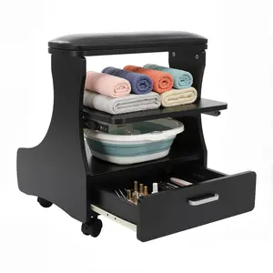 3-Tier Pedicure Foot Rest with Wheels & Drawer, PU Cushioned Salon Stool for Nail Tech, Heavy Duty 176 lbs Capacity Mobile Foot Stand for Beauty Salon Spa Pedicure Station