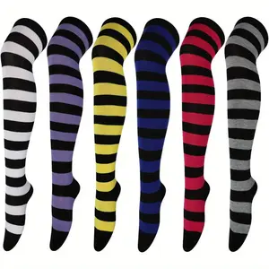 6 Pairs High Thigh Socks Striped Over Knee Thin Tights Long Stocking for Women Leg Warmer Womenswear