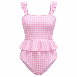 Women's High Waisted Tummy Control 1-Piece Swimsuit - Quick-Dry Ruched Ruffle Peplum Bathing Suit, Pink Gingham Modest Swimwear for Beach, Swimming, High Waisted Swimwear, Modestswimsuits, Ruched Ruffle Swimwear