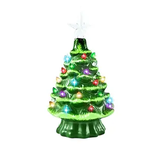 Christmas Nostalgic Ceramic Christmas Tree with LED Lights Indoor Decoration, 7.4 Inches,Table Top Christmas Tree with Lights for Home Office
