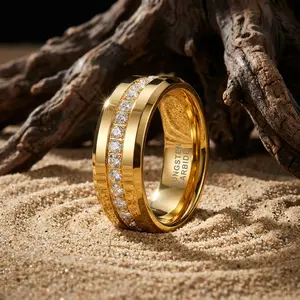 Yonifu 8mm Silver/Gold Tungsten Carbide Rings for Women, Engagement Rings, Couple Eternity Anniversary Wedding Bands with CZ Stone Inlay, Beveled Polished Shiny Comfort Fit Fashion Jewelry