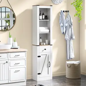 COSTWAY - 68 inch Tall Bathroom Cabinet with Barn Door Narrow Slim Storage Organizer Unit with Drawer-White