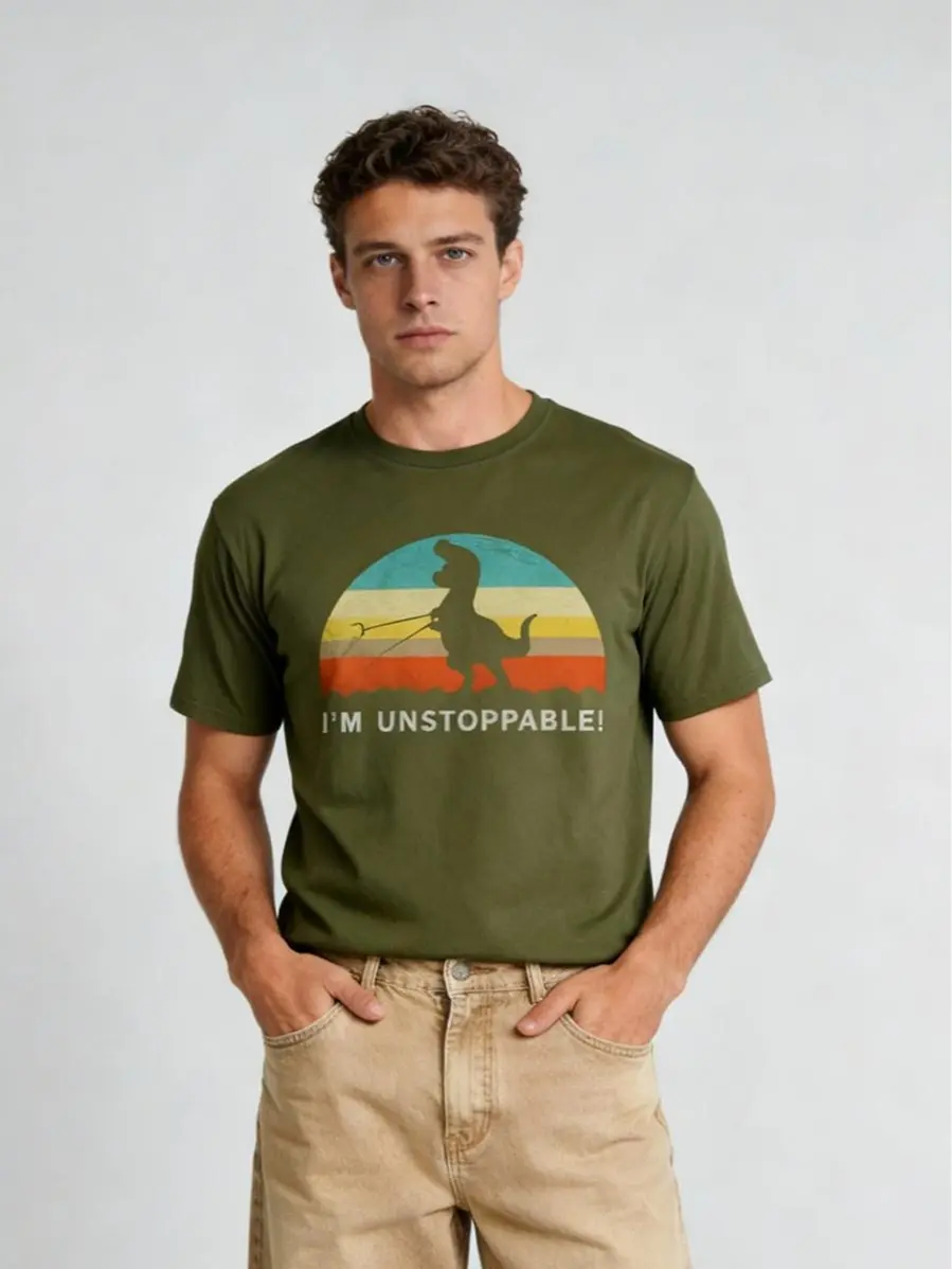 GEEKSOUTFIT Menswear Unisex Short-Sleeve T-Rex T-Shirt, Casual Tee with Funny "I'm Unstoppable" Graphic Print, Heavy-Duty 200gsm Cotton Crewneck Top, Tshirt, Shortsleeve, Crewneck T-Shirt