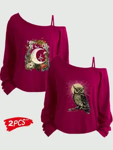 Women's Plus Size 2-Piece Set, Printed Long Sleeve & Short Tank Top, Asymmetrical Neckline, Loose Fit, All Seasons, Sizes 1-8xl