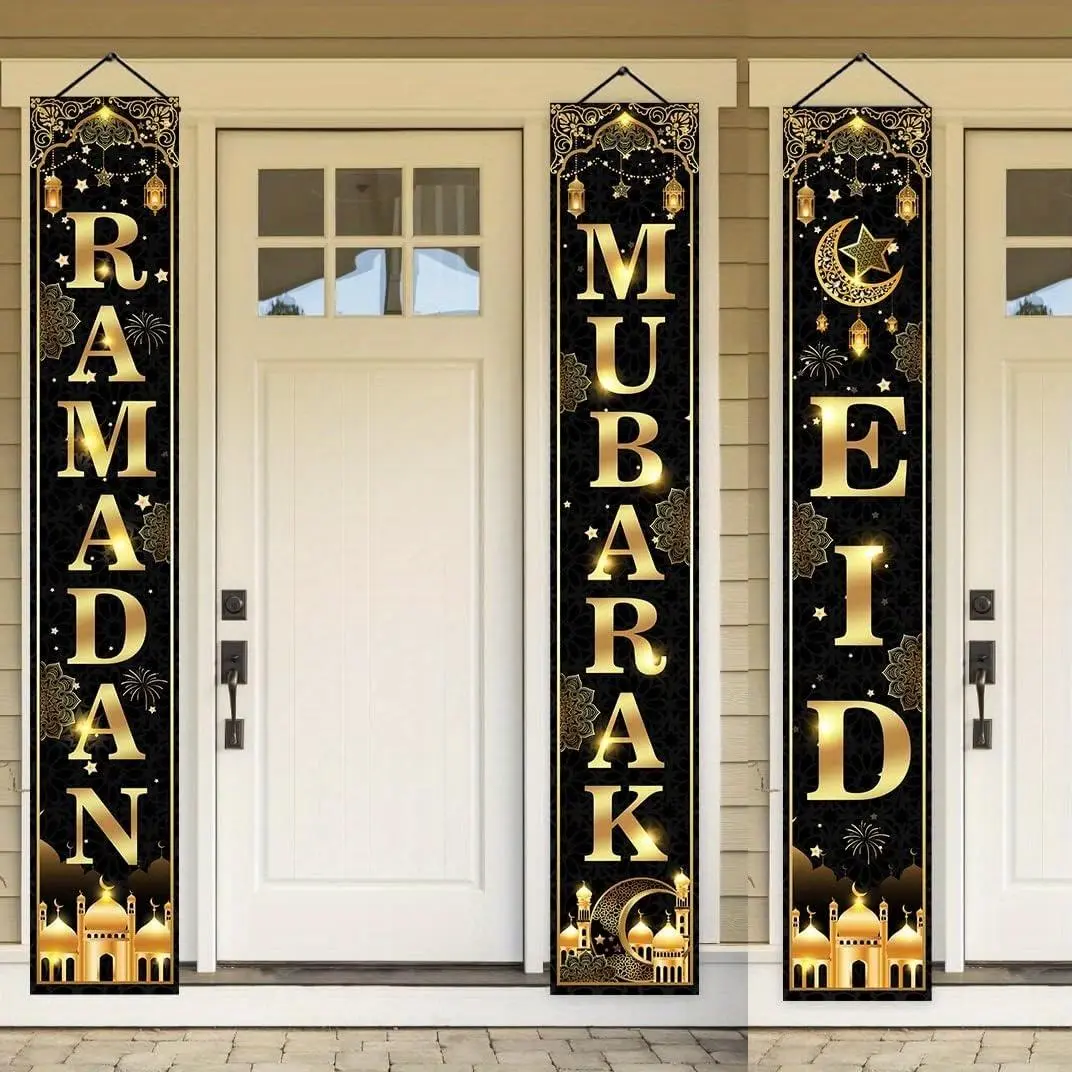 Ramadan Themed Pattern Door Banner, 3 Counts/set Eid Mubarak Door Hanging Banner, Festival Decoration for Home Party, Party Decorations Banners, Outdoor Banners, Home Decor