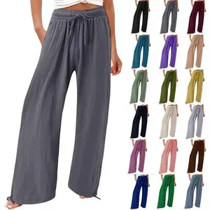 2025 Elastic Casual Solid Color Trousers Wide Leg Pants Wide Leg Casual Bottoms Pants Baggy Leggings Wideleg linen pants