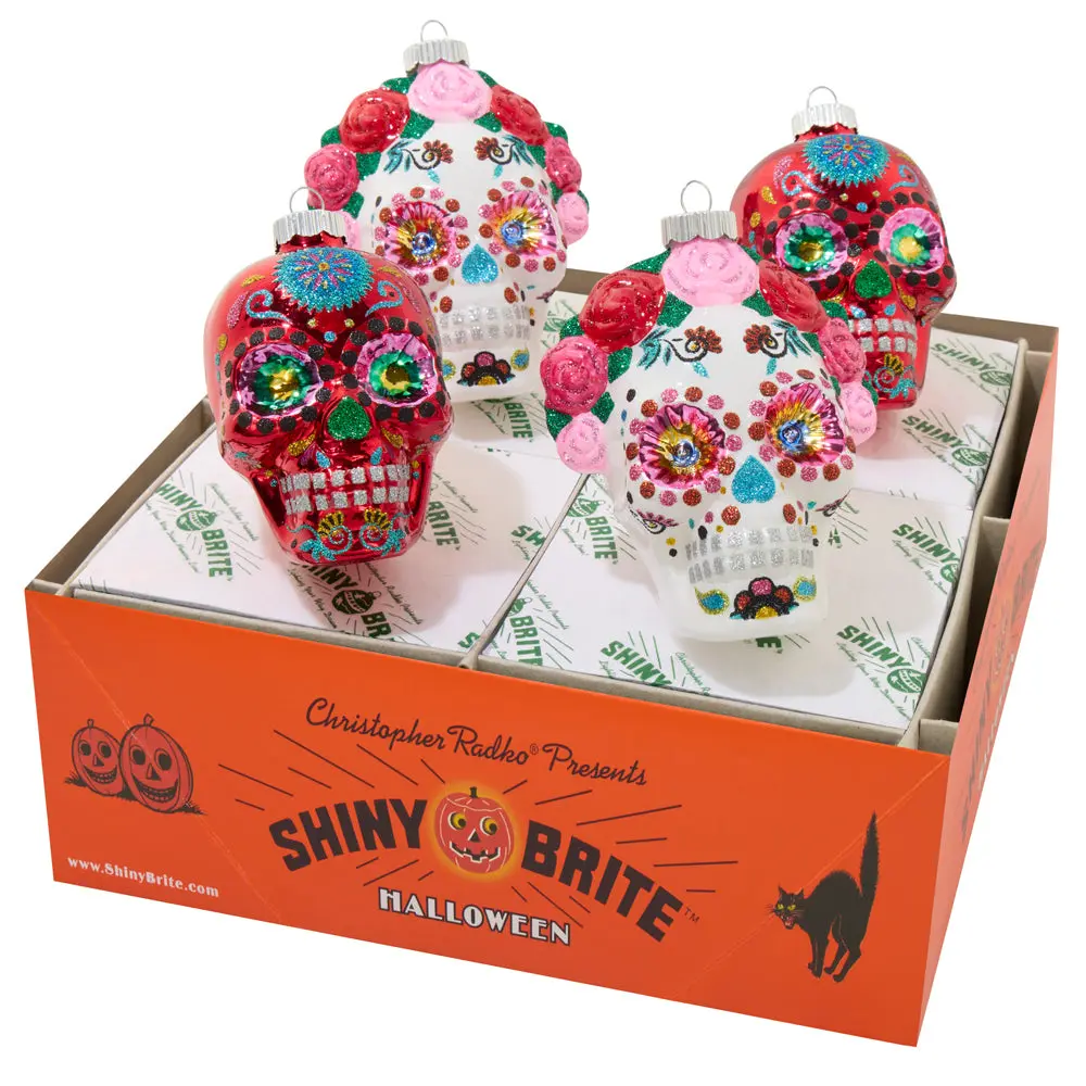 Halloween Decorated Skull Ornaments Set, 4-Count 4" Flower-Adorned Festive Home & Party Decorations