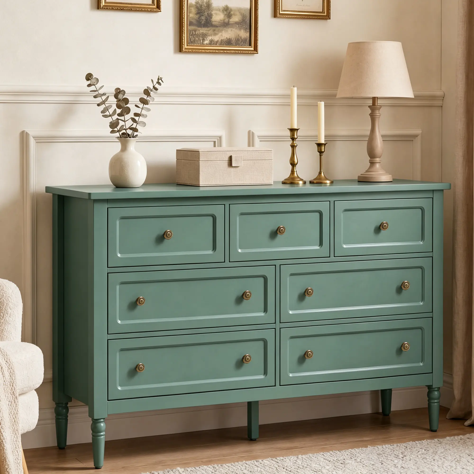 RoyalCraft Vintage 3/7 Drawer Dresser, Chest of Drawers with Solid Wood Legs and Painted Finish, Wooden Storage Closet Cabinet for Bedroom, Hallway, Living Room, Green/Blue/Black