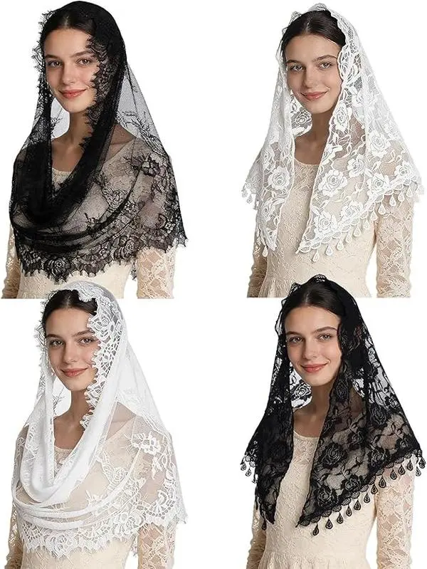 4 Pcs Catholic Church Mantilla Veils – Christian Head Covering Lace Veil, Wedding Veil for Bridal Women, Chapel Veil for Mass, Prayer, or Communion – Elegant Set of 4 Mantilla Veils for Daily Church, Special Services, or Bridal Shower