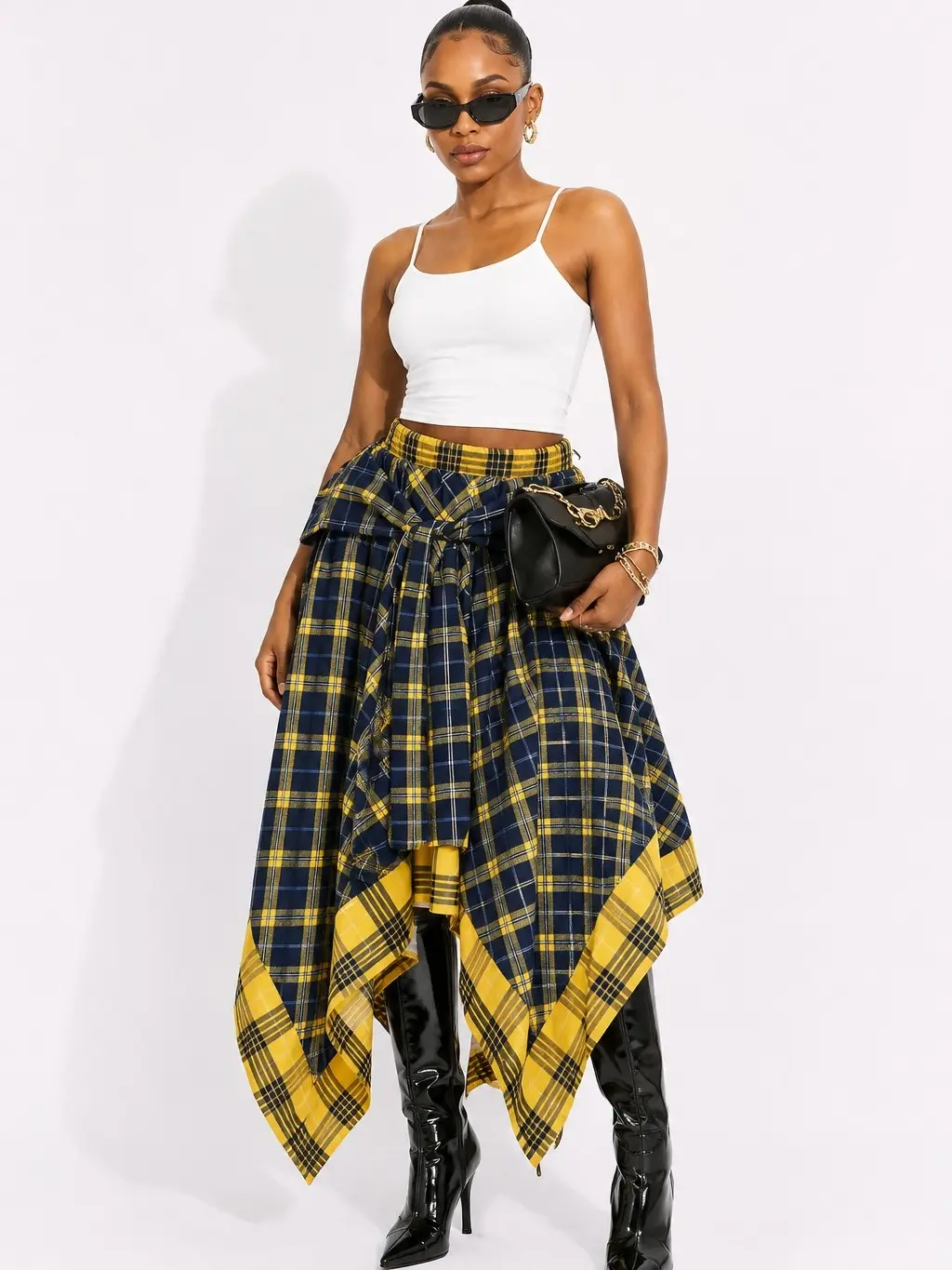 Color Block Plaid Tie Front Skirt