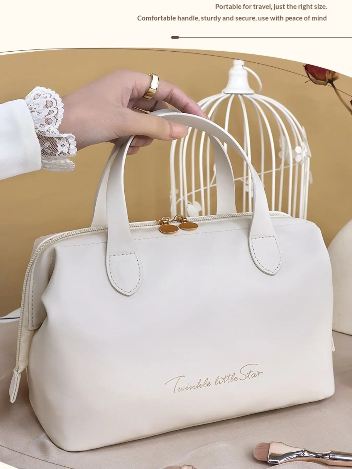 French Cream Style Handbag, Large Capacity Portable Luxury Organizer, Waterproof Travel Makeup Bag, Ideal for Daily Short Trips