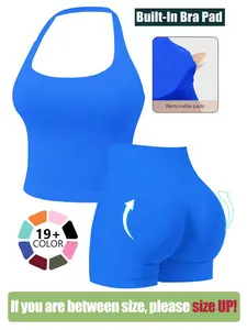 Seamless Workout Sets for Women, Halter Tank Top & Gym Scrunched Shorts Sports Set, Sporty Breathable Quick Drying Outfits for Yoga Gym Workout Running, Ladies Sportswear for Summer