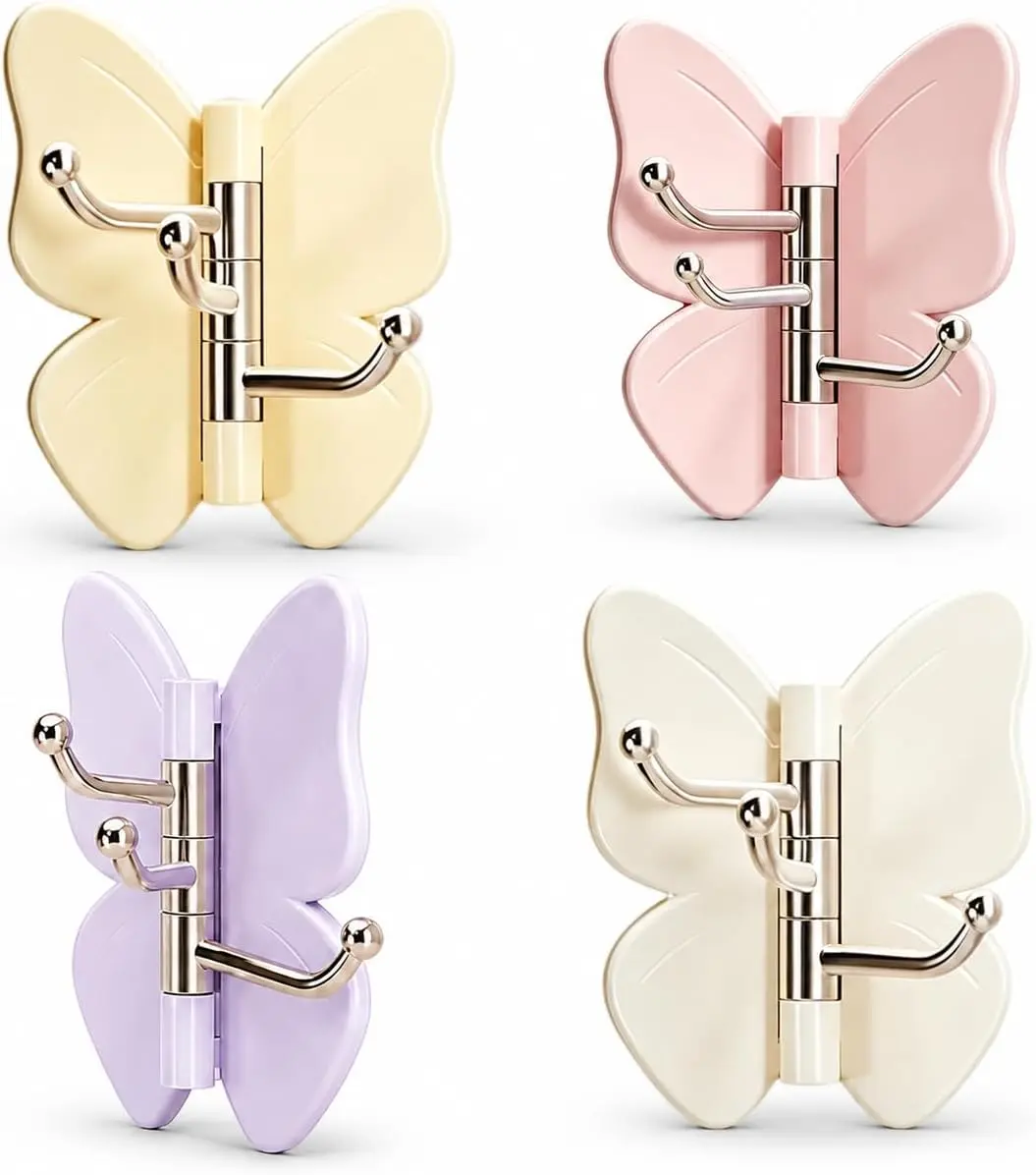 Rotating Butterfly Adhesive Wall Hooks, Cute No-Drill 3-Prong Swivel Hangers with Adjustable Wings,Saving Hooks for Inner & Outer Corners,Bathroom and Entryway