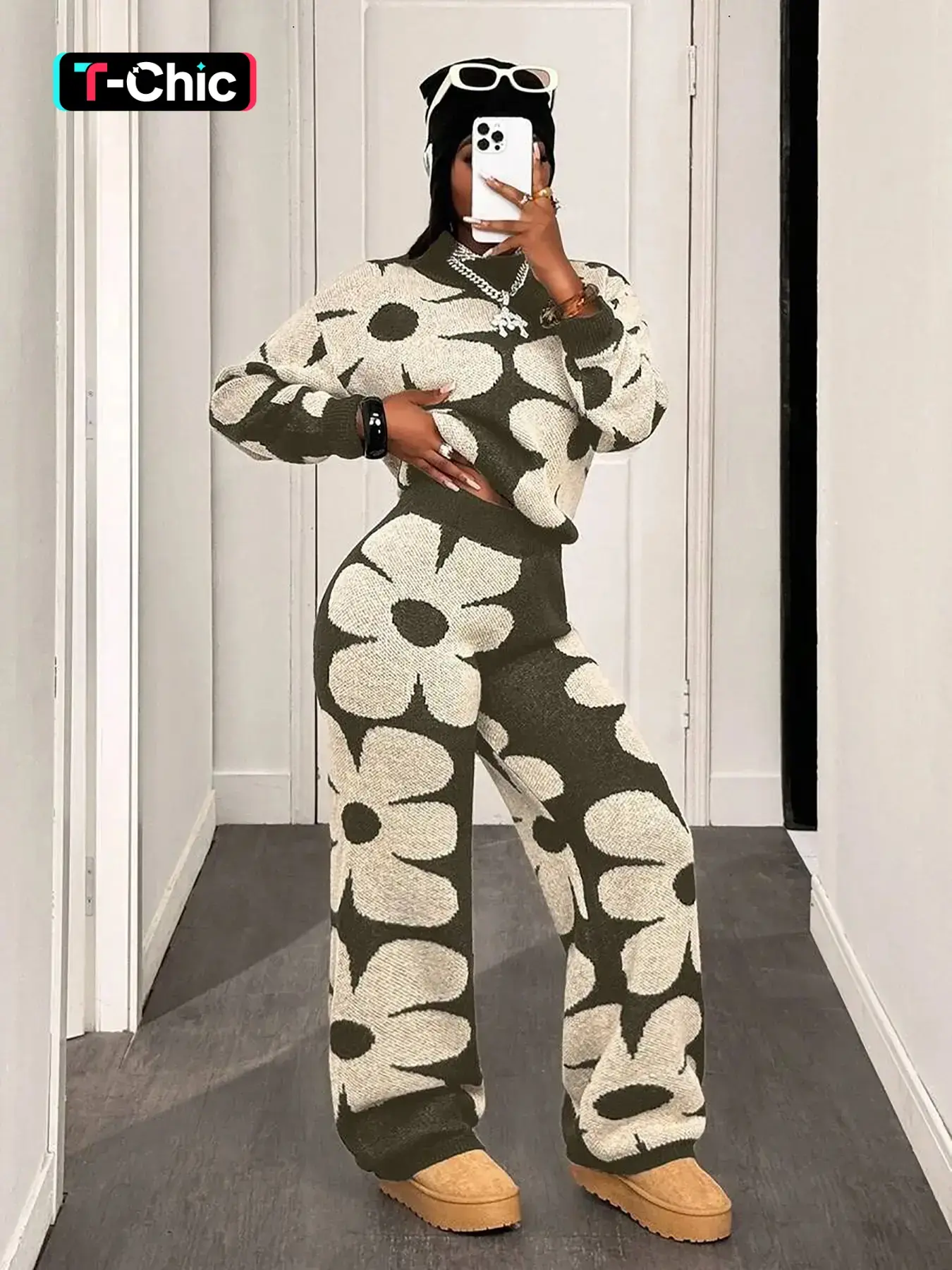 2pcs Women Floral Pattern Crew Neck Long Sleeve Sweater Top And Pants Set Women's Floral Pattern Round Neck Long Sleeve Sweater Set, Casual Everyday Loose Knit Top & Pants, Elegant Colorblock Design, 2 Piece Outfit, Loungewear, Cozy Lounge Set, Womenswear