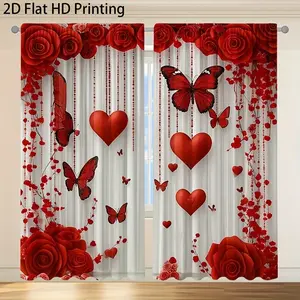 2 pcs of Curtains. A large number of red heart-shaped patterns and butterfly decorations on the semi-transparent curtains made of polyester fabric. They can be machine washed. Suitable for Christmas decoration, room decoration, living room decoration a