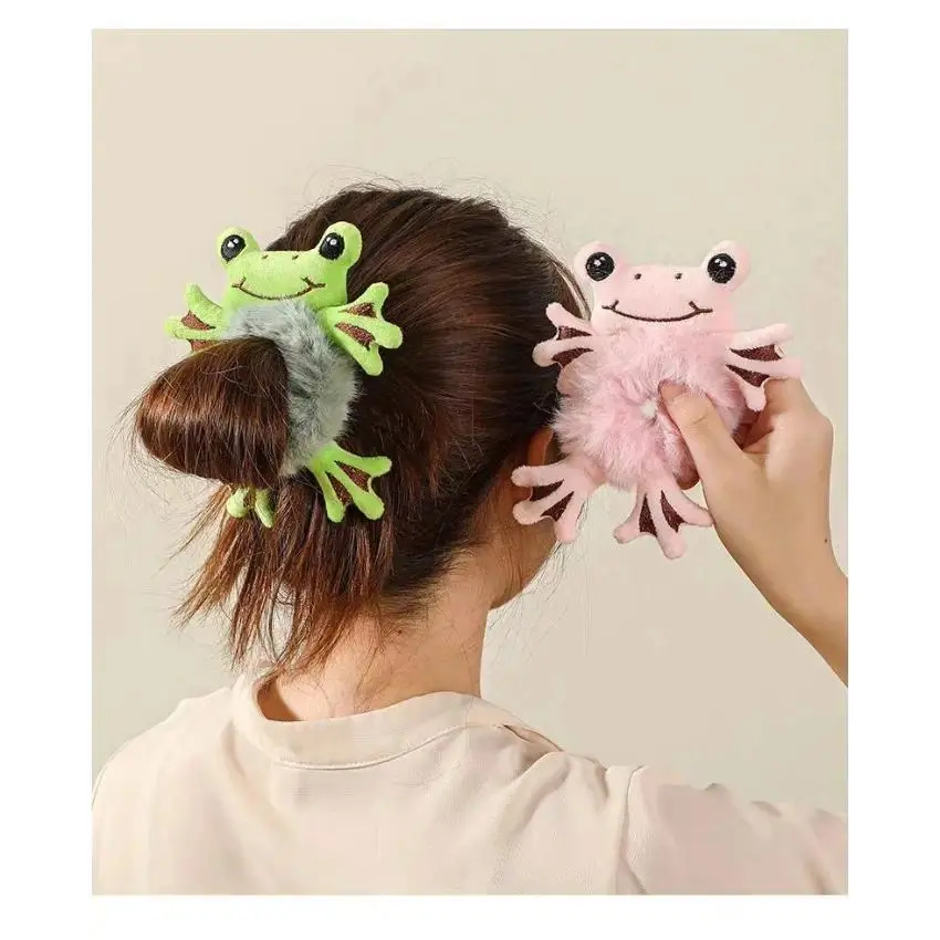 Women's Whimsy Cartoon Frog Print Soft Flannel Plush Scrunchie - Medium-Stretch Elastic Tie, Gentle Hold, Thick Hair Friendly, Casual Fashion Hair Accessory for Ponytail Hairstyle