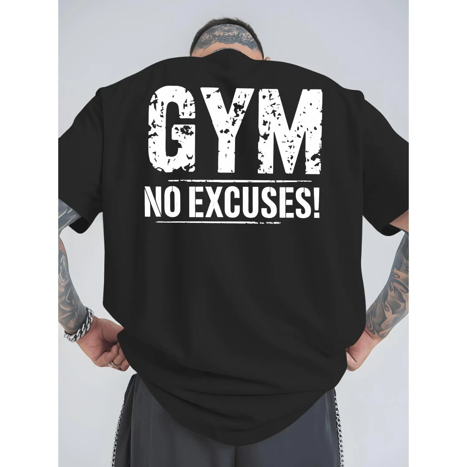 Men’s Motivational Gym T-Shirt - "Gym No Excuses" Back Print, Breathable Athletic Contrast Top, Regular Fit Round Neck Short Sleeve Workout Gym Shirts with Gym-Themed Design