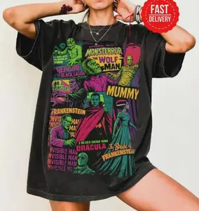 Graphic Vintage Universal Monsters T-Shirt, Sweatshirt Hoodie, Retro Movie Graphic Tee, Halloween Shirt, 90s Gothic Horror Aesthetic Tee Big Print