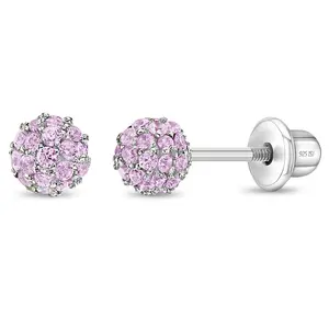 Small Ball of Gems CZ 4mm Baby / Toddler / Kids Earrings Screw Back - Sterling Silver
