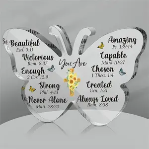 Butterfly Shaped Acrylic Plaque, 1 Count Scripture Quote Pattern Desktop Ornaments for Home and Office, Gift for Mom, Festival Gifts for Women, Room Decor, Decoration Items, Vintage Plaque Decor
