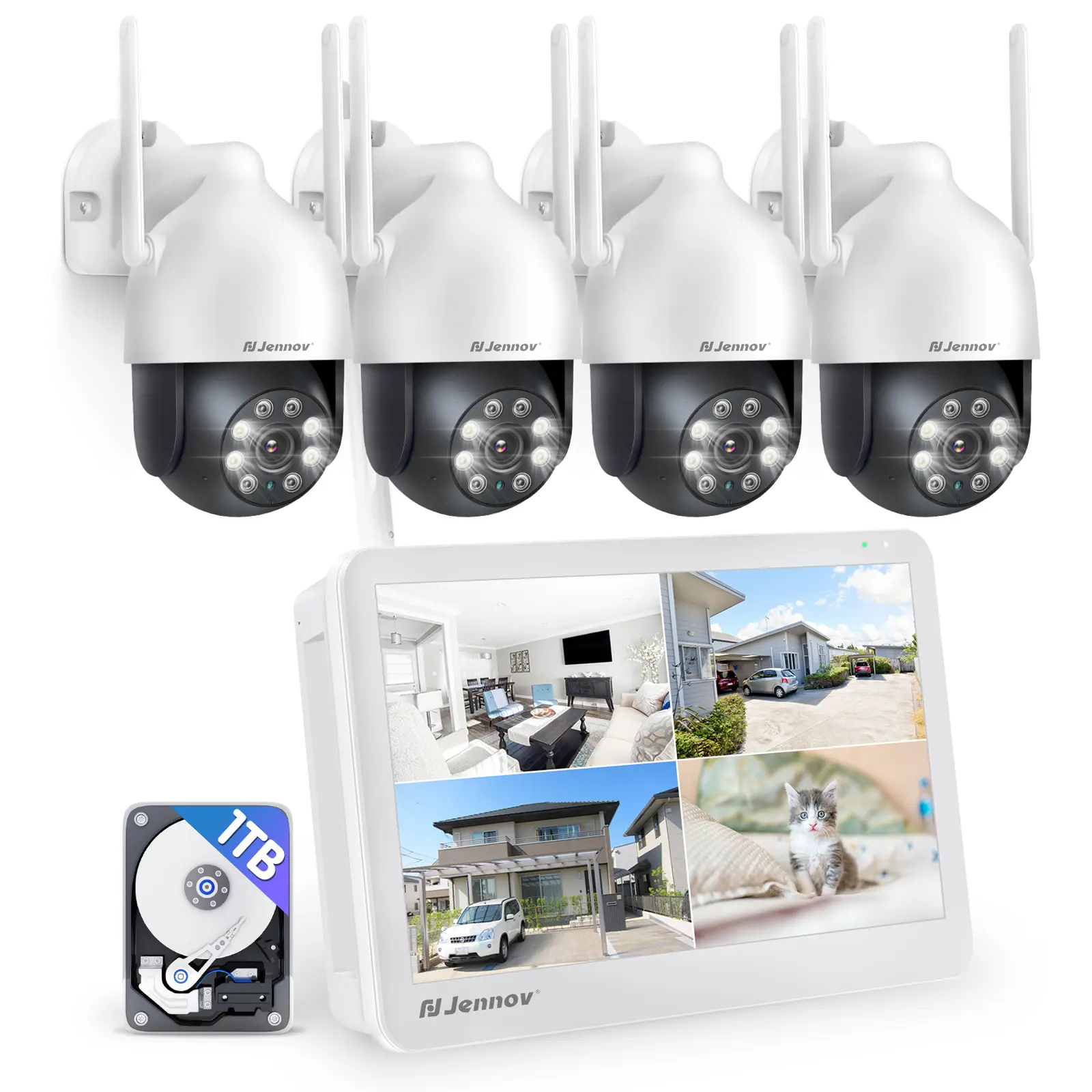 Jennov 5MP PTZ Outdoor WiFi Video Surveillance Kit with 10" Monitor, 10CH 5MP NVR 1TB HDD, 4X5MP WiFi Camera, Color Night Vision, Person Detection, 24/7 Recording, Two-Way Audio