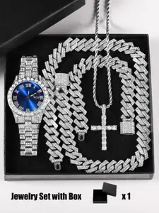 Luxury Punk Style Watch Set, Includes Necklace, Bracelet, Cross Pendant, Quartz Movement, Adjustable Strap, Unisex, All Seasons Wear