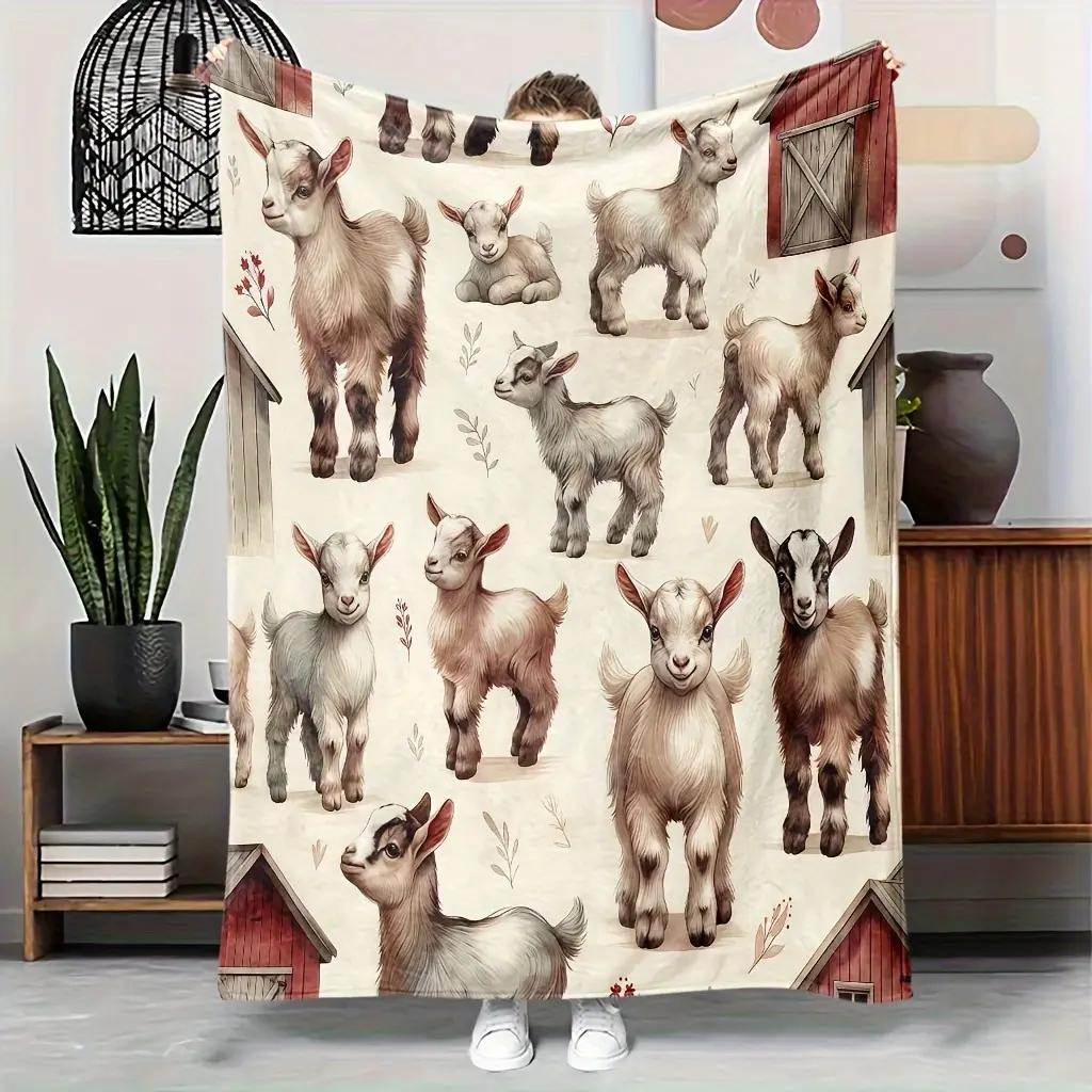 280gsm Flannel Blanket - Cozy Cute Goat Pattern, Soft Texture, Animal Artwork Graphic Blanket, Farmhouse Rustic Bedspread/Couch Cover, All-Season Gift for Goat Lovers, Scandinavian Home Decor, Animal Artwork Blankets, Flannel Blankets