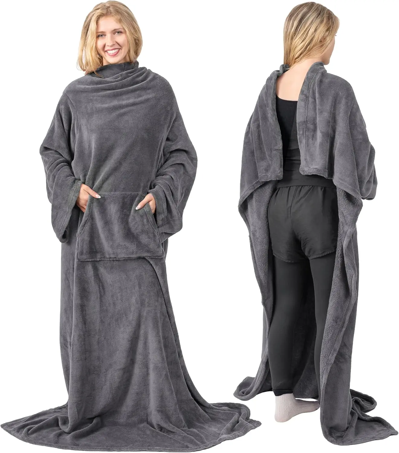 Blanket with Sleeves for Adult Women Men, Soft Warm Wearable Blanket Fleece Wrap Throw, Robe Blanket