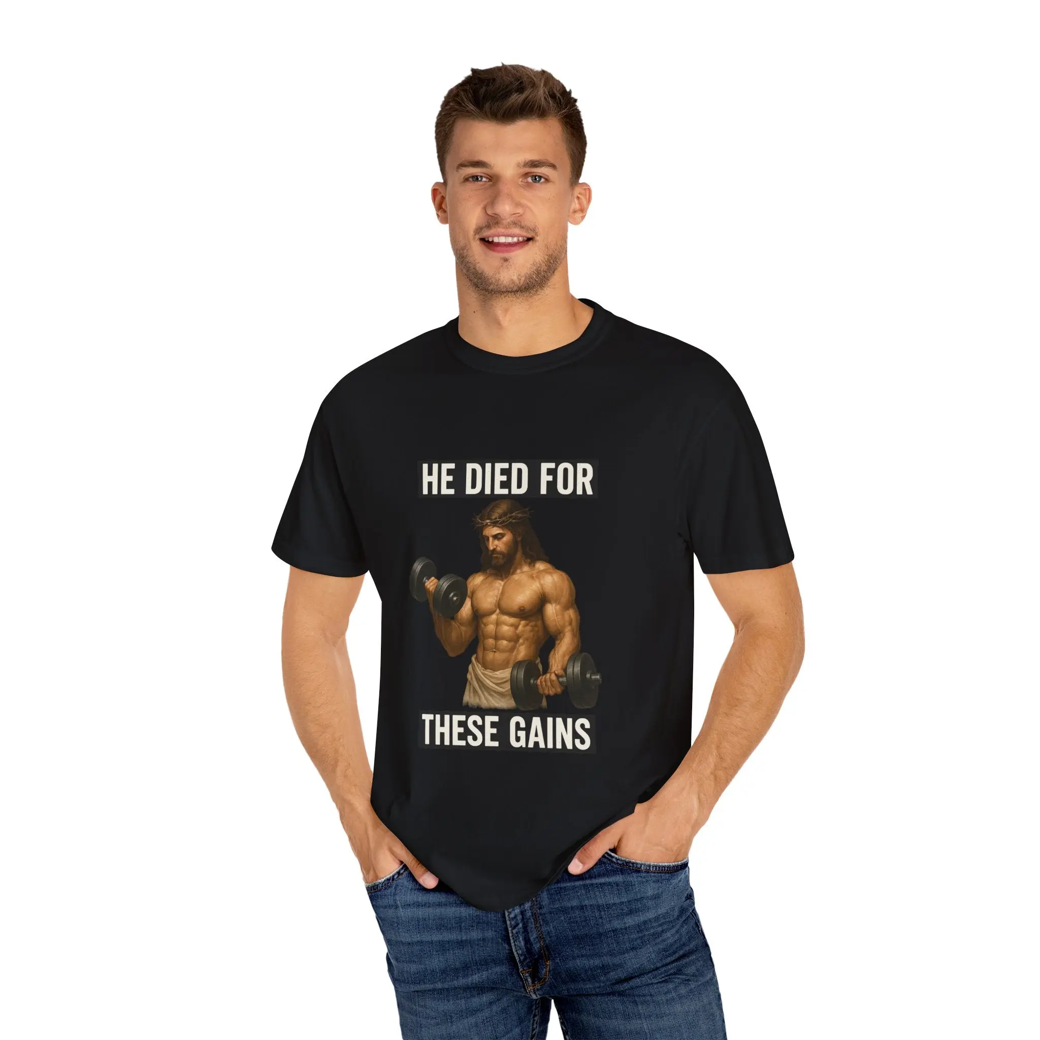 He Died for These Gains T-Shirt, Motivational Fitness Tee, Gym Humor T-Shirt, Casual Workout Top, Gift for Gym Lovers, Unisex Exercise Shirt
