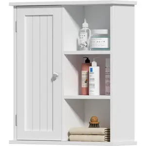 Choochoo Bathroom Wall Cabinet, Medicine Cabinet with Door and 3 Open Shelves, Wall Mounted Storage Organizer for Bathroom, Kitchen, Living Room, White