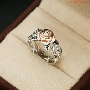 Vintage Two Tone Rose Gold Flower Ring Creative Stylish Design Fashion Jewelry for Women Ideal Gift for Girlfriend