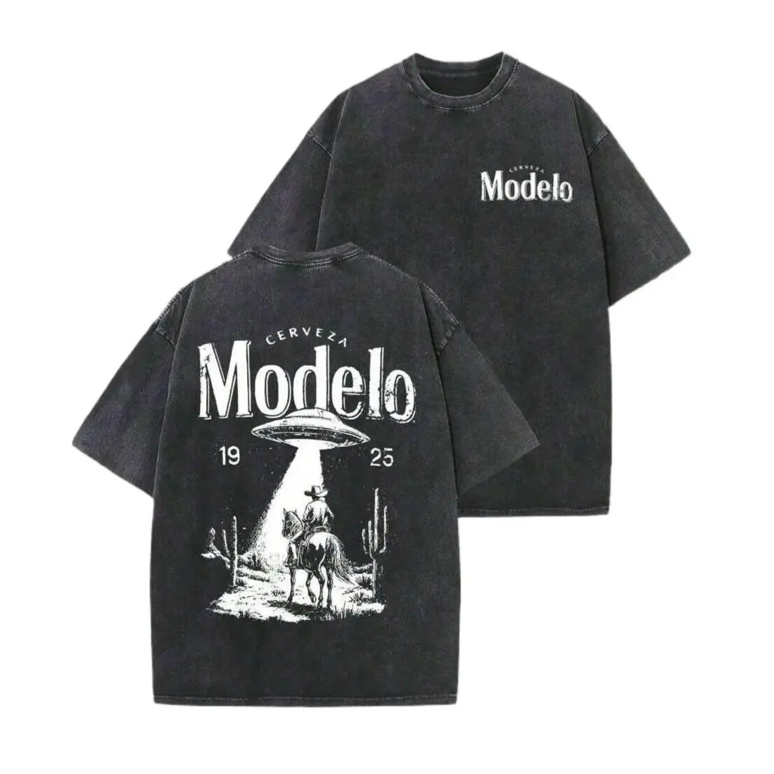 Men's Casual Cowboy Beer Graphic T-Shirt, Vintage Washed Black Short-Sleeve Retro Streetwear Top
