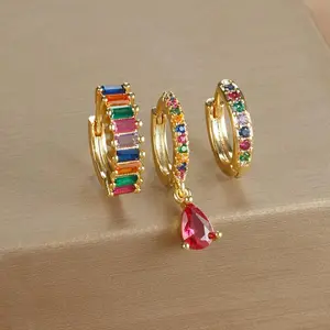 Light Luxury INS Geometric Water Droplet Diamond Plated Gold Earrings Set Earrings Set Earrings 3-piece Set Combination Set Zircon Earrings Set