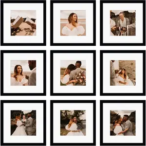 12x12 Picture Frame Set of 9, Display Pictures 8x8 with Mat or 12x12 without Mat, Multi Collage Gallery Square Photo Frames for Wall or Tabletop, Black