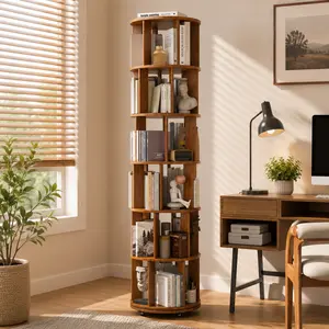 6-Tier Solid Wood Rotating Bookshelf, 360° Revolving Home Office Furniture, Space-Saving Corner Storage Bookcase for Bedroom, Living Room