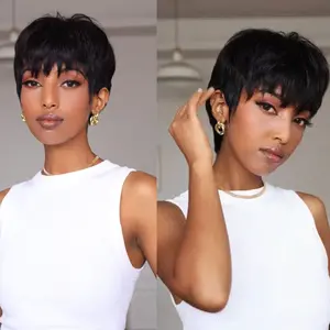 ShowReal 036 Pixie Short Pixie Cut Wigs Short Straight Brazilian Human Hair Wigs With Bangs Ready To Go Natural Black Color Full Machine Made Wig 4 Inch Size