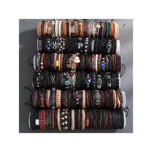 10/20/30pcs Men's Stylish Multi-Layer Vintage Leather Cord Braided Alloy Magnetic Clasp Beaded Handmade Bracelet Set