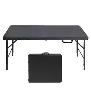 Folding Table 4FT, Heavy Duty Portable Plastic Folding Table with Handle, Anti-Slip Feet, Waterproof, Easy to Clean, Adjustable Height, 300LBS Capacity, Foldable for Indoor Outdoor Use