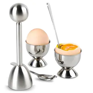 Egg Shell Opener Set  2 count Egg Cups for Soft Boiled Eggs & 2 count Spoons, Rust-Resistant Stainless Steel, Fits Any Size -  Design, Adjustable Effort for Effortless & Precise Cracking