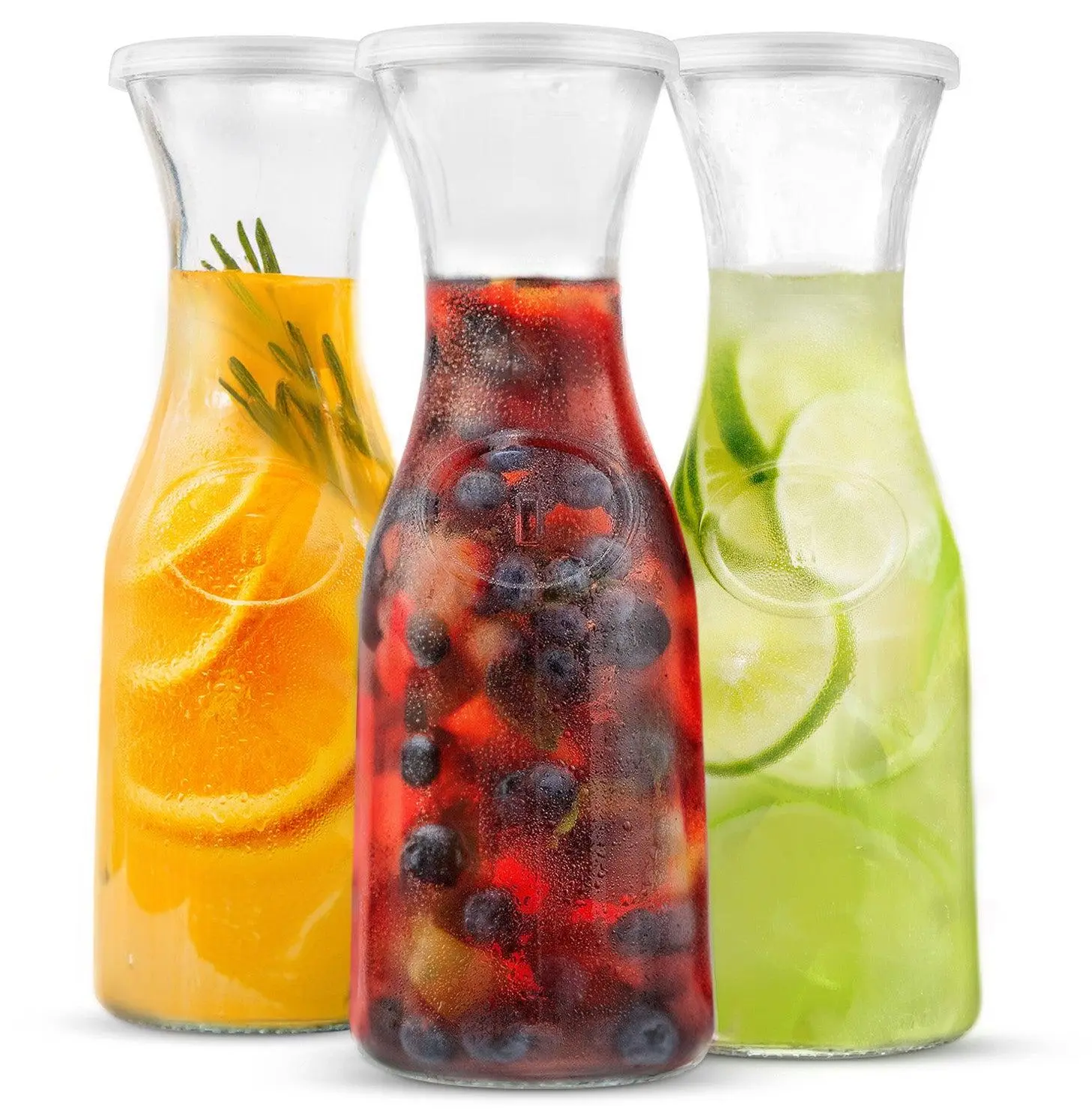 3-Piece Glass Carafes with Lids - Glass Pitchers, Server Carafe, Wide-Rim Jugs, Kitchen Drinkware Set