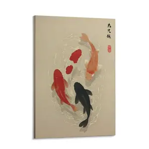 Japanese Koi Fish Canvas Print, Minimalist Asian Zen Pond Painting, Neutral Japandi Wall Art, Tranquil Oriental Decor for Living Room Bathroom Bedroom