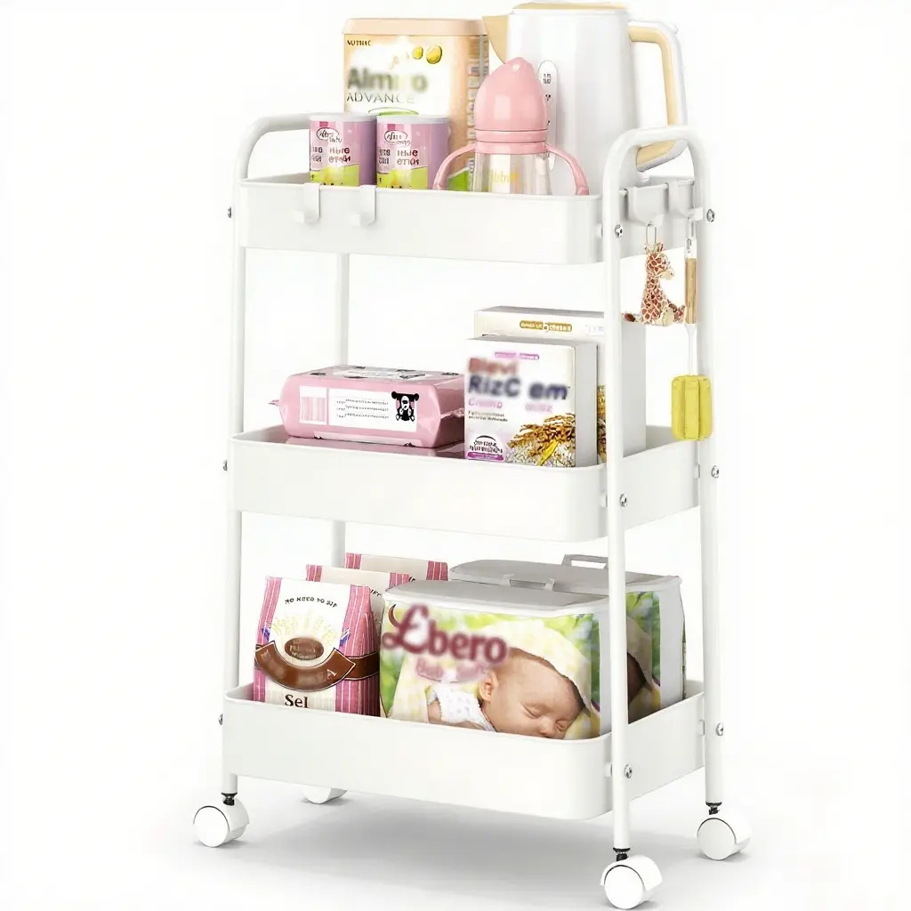3-Tier  Rolling Cart with Wheels, Storage Utility Organizer Cart for Kitchen, Bathroom, Office, Baby Essentials & Makeup - Lockable Casters, Easy Assembly, Large Capacity, Pink