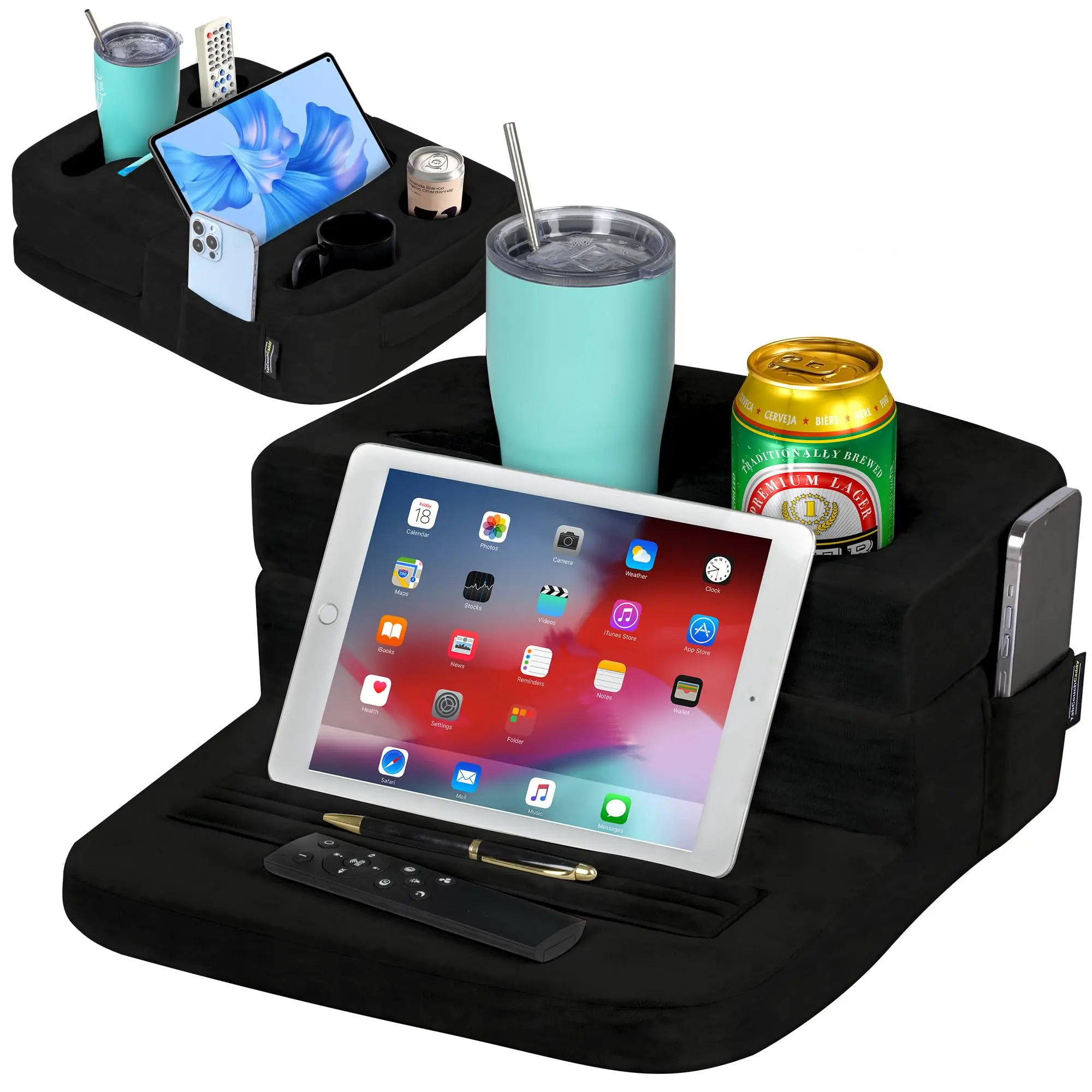 Couch & Bed Cup Holder Caddy – Sofa Tray for Drinks, Snacks & Remotes | Fits bed, couch & RV | Holds drinks, snacks, remotes, phones & tablet | Sturdy on flat surfaces | 10-sec setup, no tools