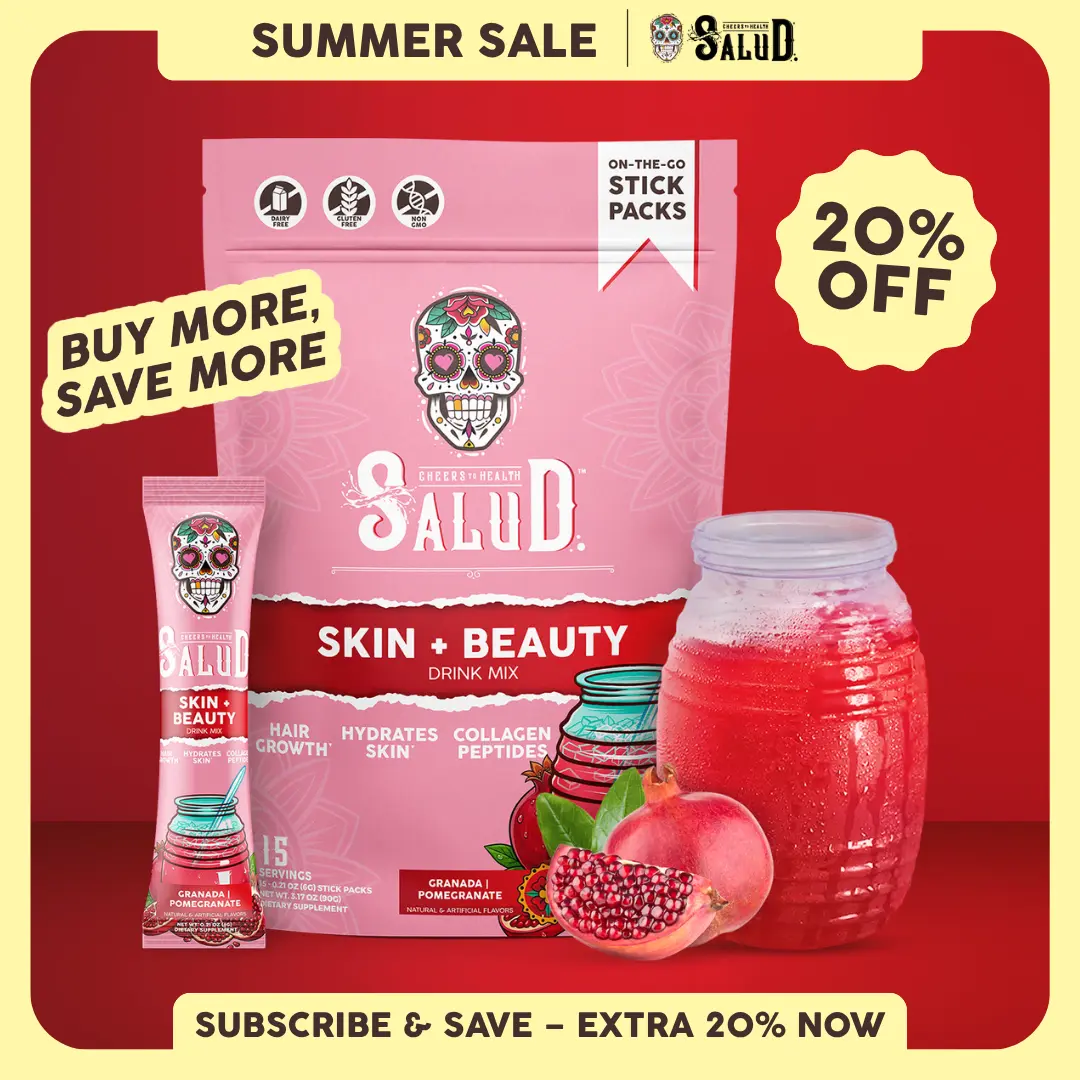 Salud 2-in-1 [Skin + Beauty] Drink Mix Packets, Collagen Peptides with Verisol, Hyaluronic Acid, Vitamin C, Biotin + Lustriva, Beauty Drink Packets, Hydration Sticks, Gluten Free, For Men & Women, (15 Servings)